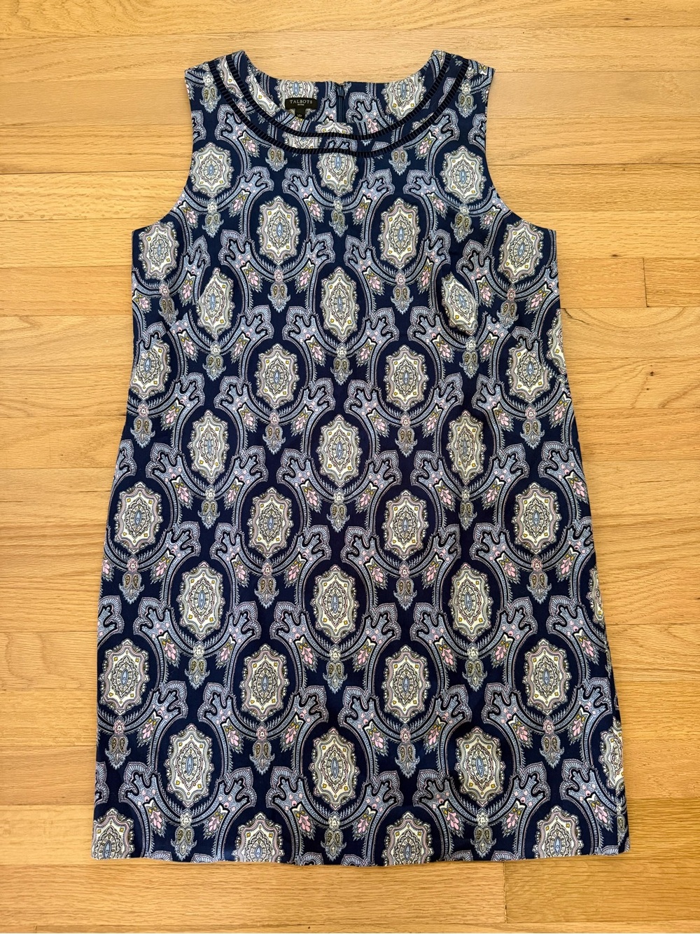 Talbots Cotton Sateen Shift Dress Medallion Blue White Sleeveless Sz 14 Petite